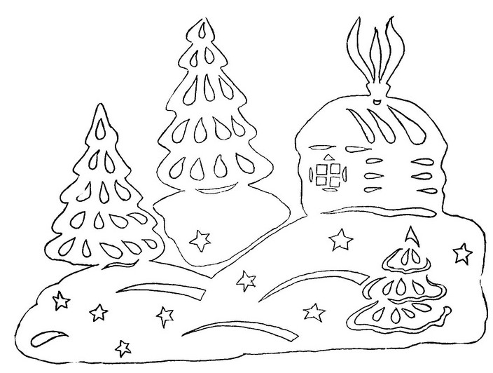 Ёлочки и домик в снегу  – картинка для вырезания на окно