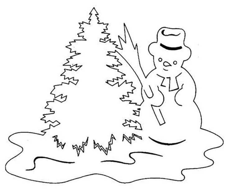 Ёлка и снеговик - картинка для вырезания на окно